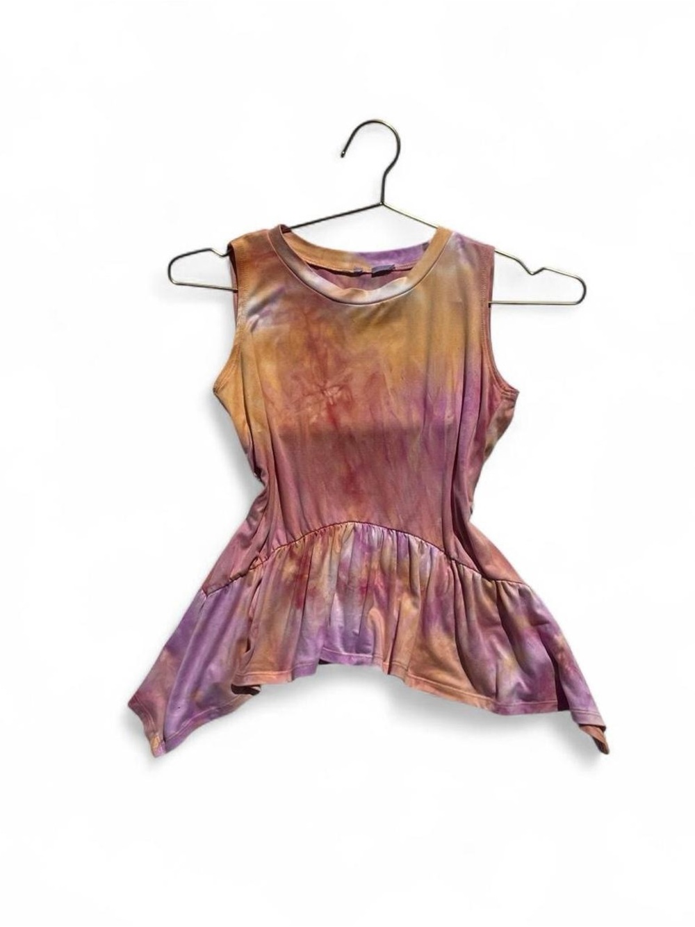 Y2K Tie Dye Handkerchief Hem Peplum Tank Top Pink Purple Orange